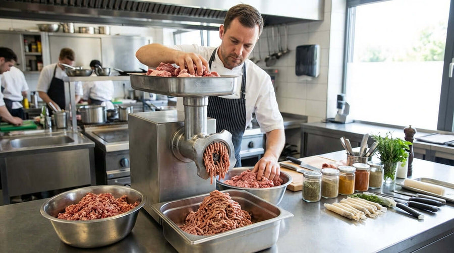 Alt Tag: From Coarse to Fine: The Art of the Double Grind for Perfect Sausages - chef double-grinding meat in grinder for perfect sausage texture