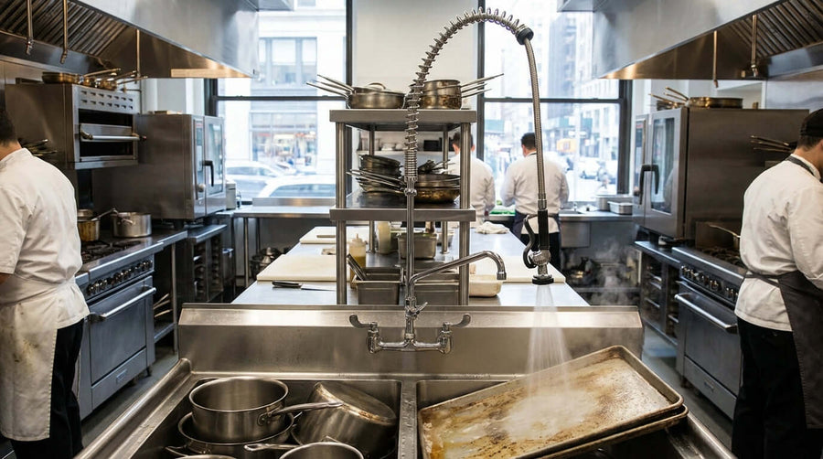 The Ultimate Buyers Guide: Choosing the Perfect Pre-Rinse Faucet for Your Commercial Kitchen in busy commercial kitchen dishwashing sink area