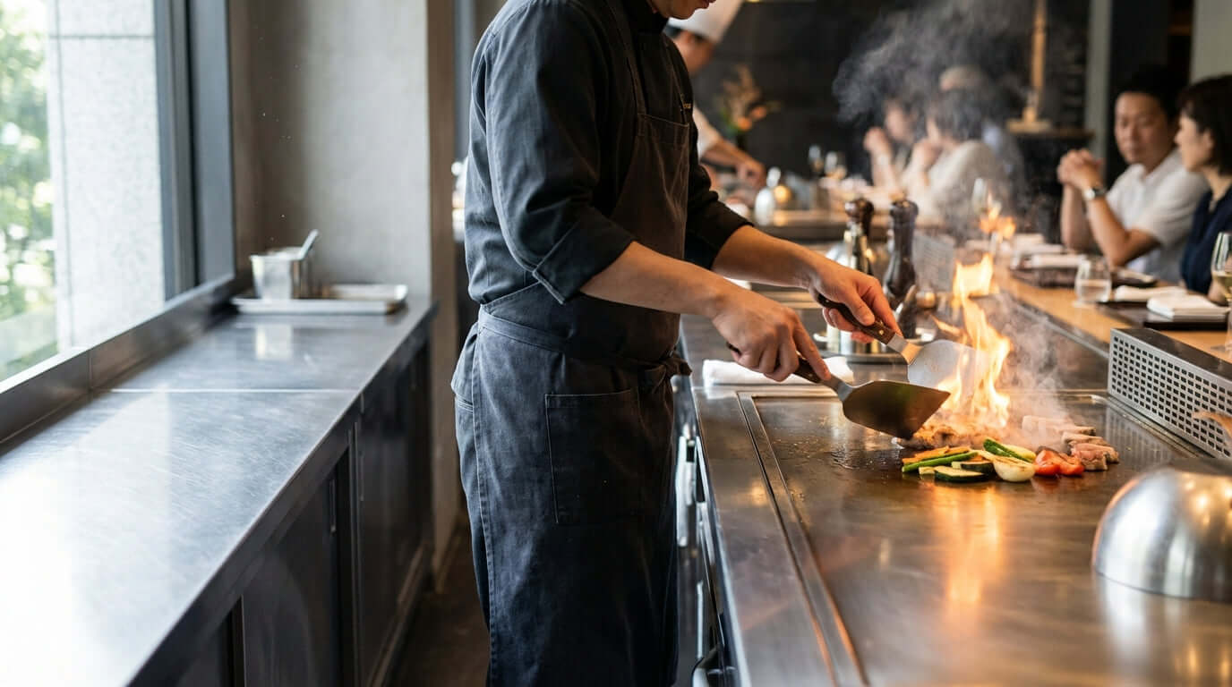 How a Teppanyaki Station Can Become Your Restaurants Biggest Profit Center - chef cooking with flames at teppanyaki station in busy restaurant