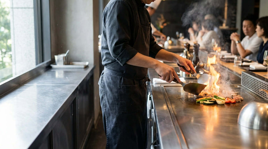 How a Teppanyaki Station Can Become Your Restaurants Biggest Profit Center - chef cooking with flames at teppanyaki station in busy restaurant