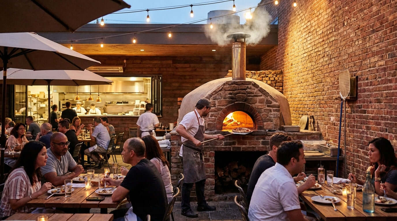 Creating a Destination: How an Outdoor Pizza Oven Enhances Your Restaurants Ambiance with a lively patio dining scene and wood-fired oven