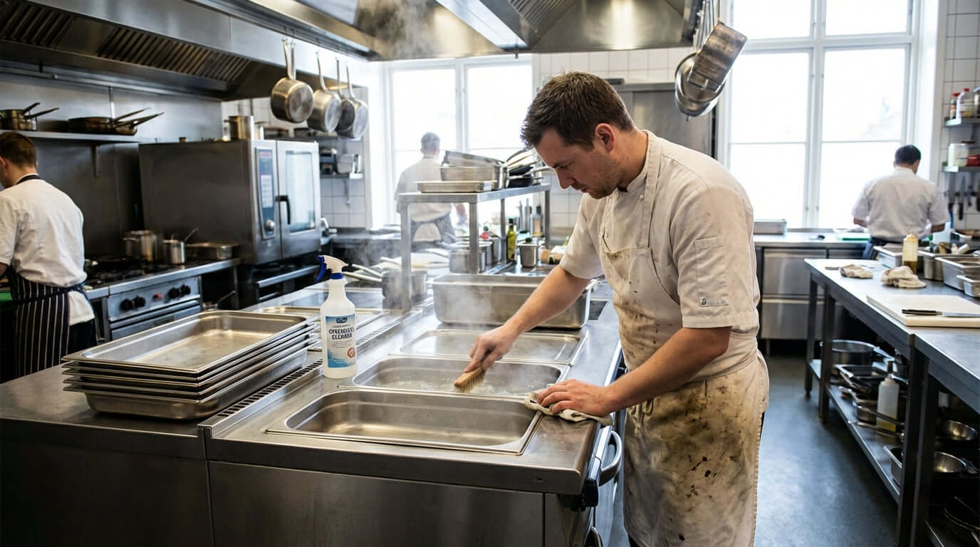 Alt Tag: The Ultimate Guide to Bain Marie Maintenance: Cleaning & Care Tips – chef cleaning commercial bain marie food warmer in professional kitchen