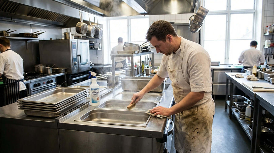 Alt Tag: The Ultimate Guide to Bain Marie Maintenance: Cleaning & Care Tips – chef cleaning commercial bain marie food warmer in professional kitchen