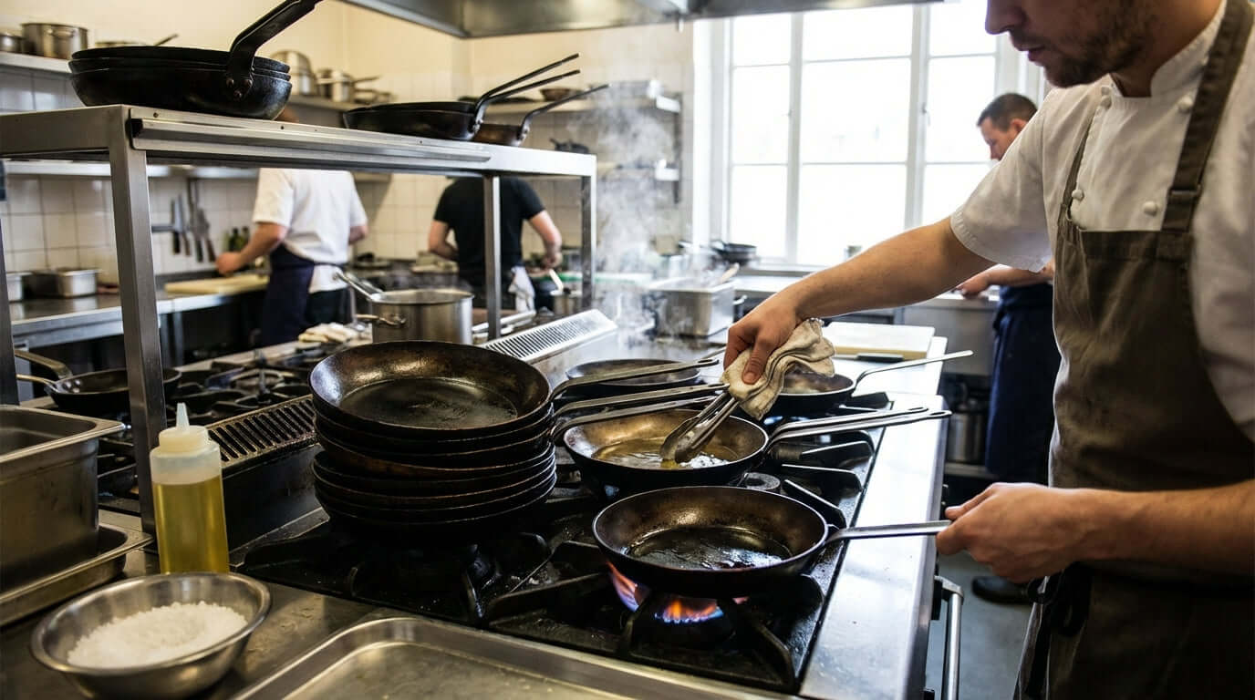 How to Season and Maintain Your Carbon Steel Fry Pans for a Lifetime of Service in a busy professional kitchen with carbon steel pans on burners