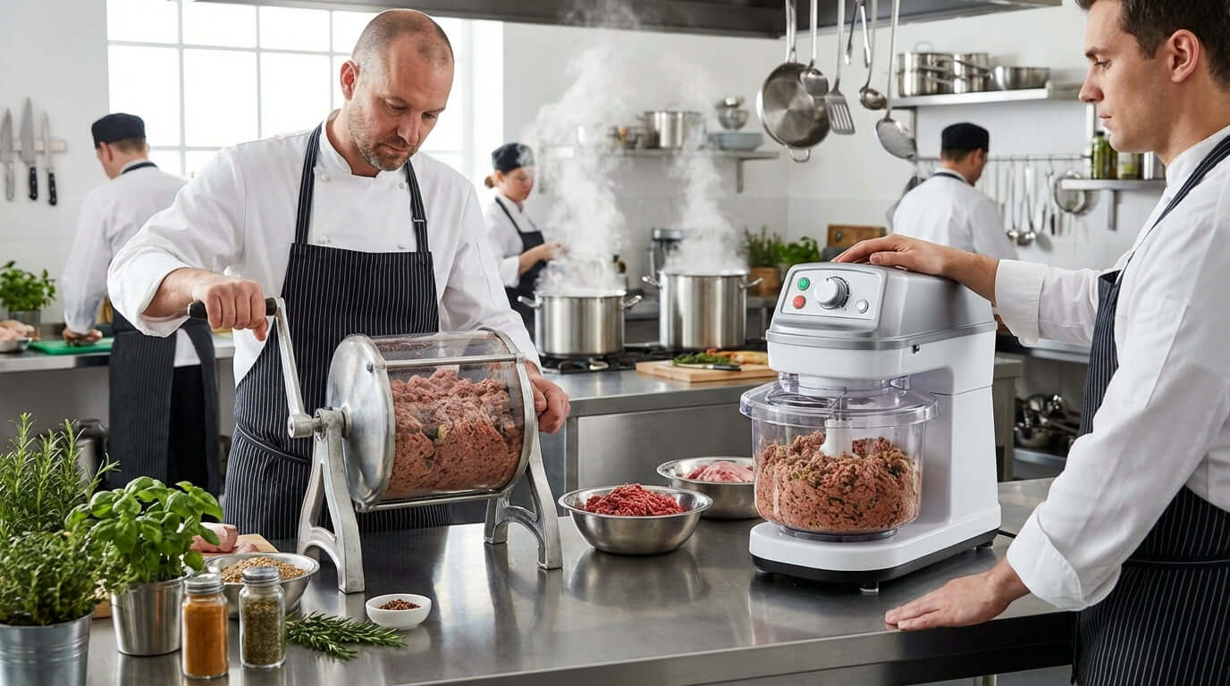 Manual vs. Electric Meat Mixers: Which One is Right for You? chefs comparing manual meat mixer and electric meat mixer in commercial kitchen
