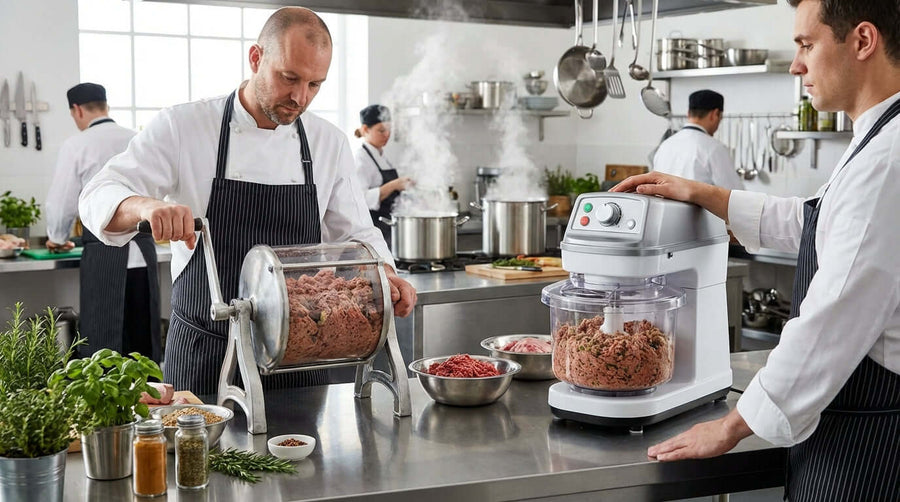 Manual vs. Electric Meat Mixers: Which One is Right for You? chefs comparing manual meat mixer and electric meat mixer in commercial kitchen