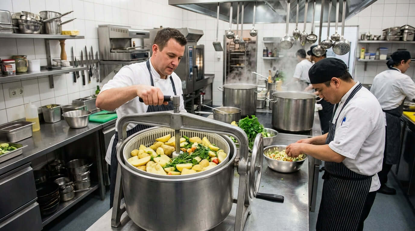 Beyond the Greens: Creative Kitchen Hacks for Your Commercial Salad Spinner in use by chefs drying vegetables in a busy commercial kitchen