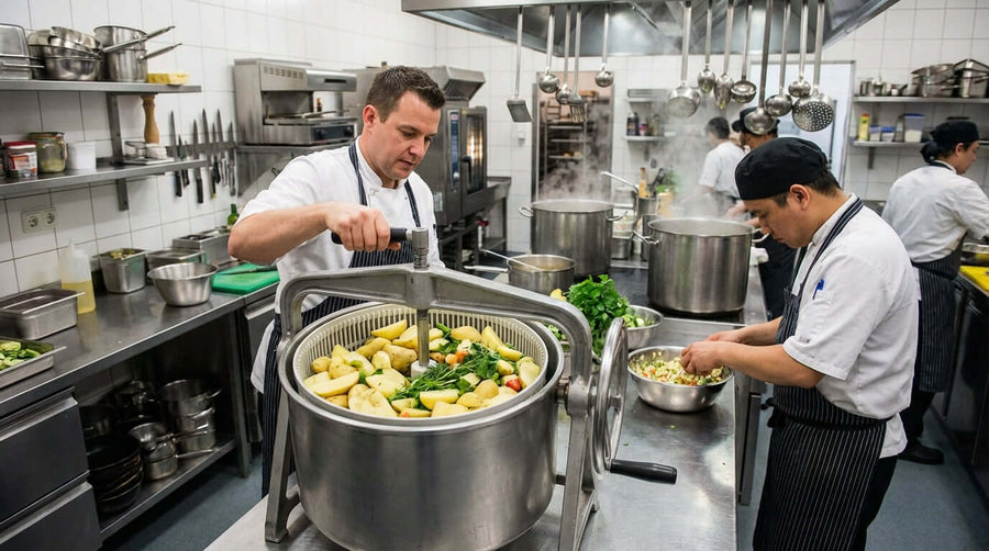 Beyond the Greens: Creative Kitchen Hacks for Your Commercial Salad Spinner in use by chefs drying vegetables in a busy commercial kitchen