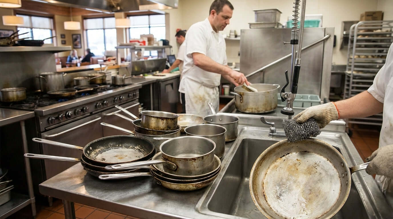 5 Common Cleaning Mistakes That Are Ruining Your Restaurants Pans: chef scrubbing greasy pans at commercial kitchen sink