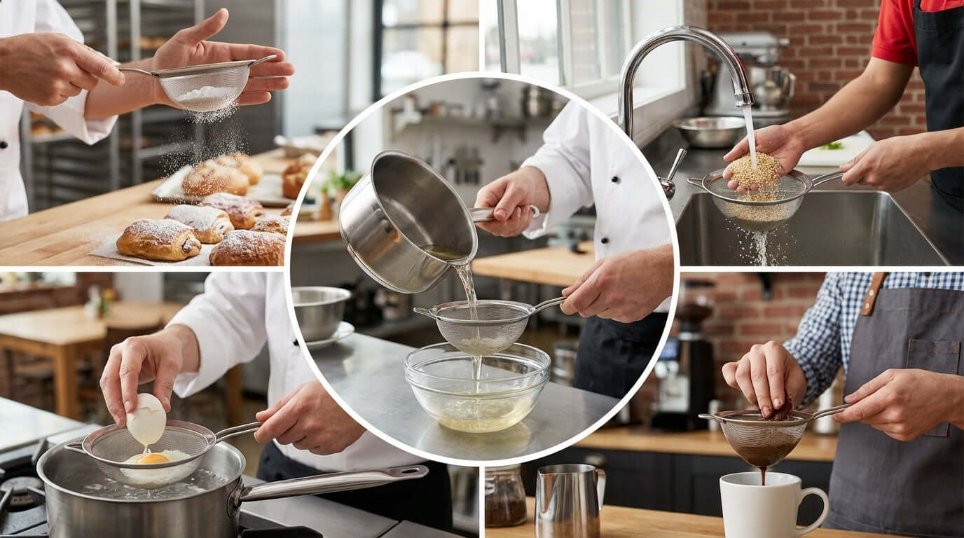 Alt Tag: 5 Unexpected Ways to Use a Fine Mesh Strainer in Your Restaurant - chefs using fine mesh strainer for dusting, straining stocks, and kitchen prep