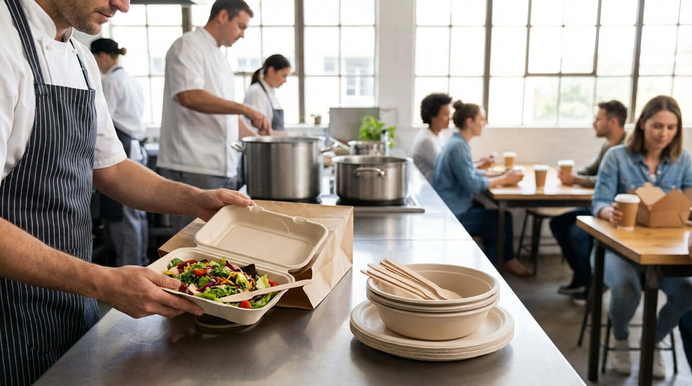 Why Your Restaurant Should Switch to Eco-Friendly Takeout Tableware with chef serving compostable takeout containers in busy restaurant
