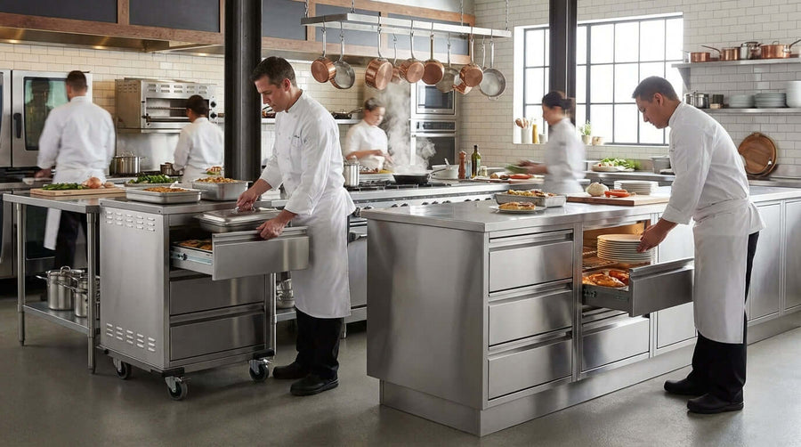 Freestanding vs. Built-In: Which Warming Drawer Style Fits Your Commercial Kitchen? chefs using warming drawers in stainless commercial kitchen