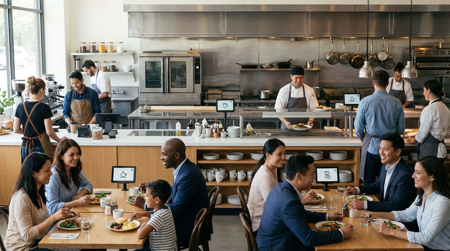 Alt Tag: Beyond the Number: How Smart Queueing Creates a Stress-Free Customer Journey in busy restaurant with diners and staff managing service flow