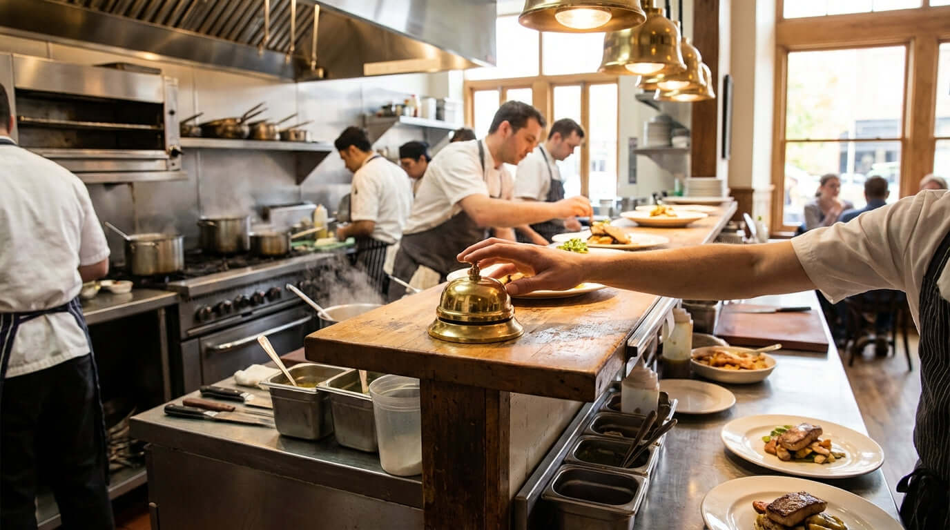 The Ring of Success: Choosing the Right Service Bell for Your Business service bell on restaurant counter with kitchen staff and plated dishes