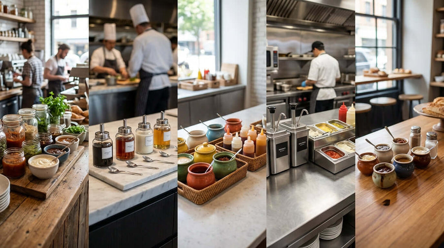 Beyond the Bottle: 5 Creative Ways to Style Your Condiment Stations with organized jars, squeeze bottles, ramekins, and prep counter setup
