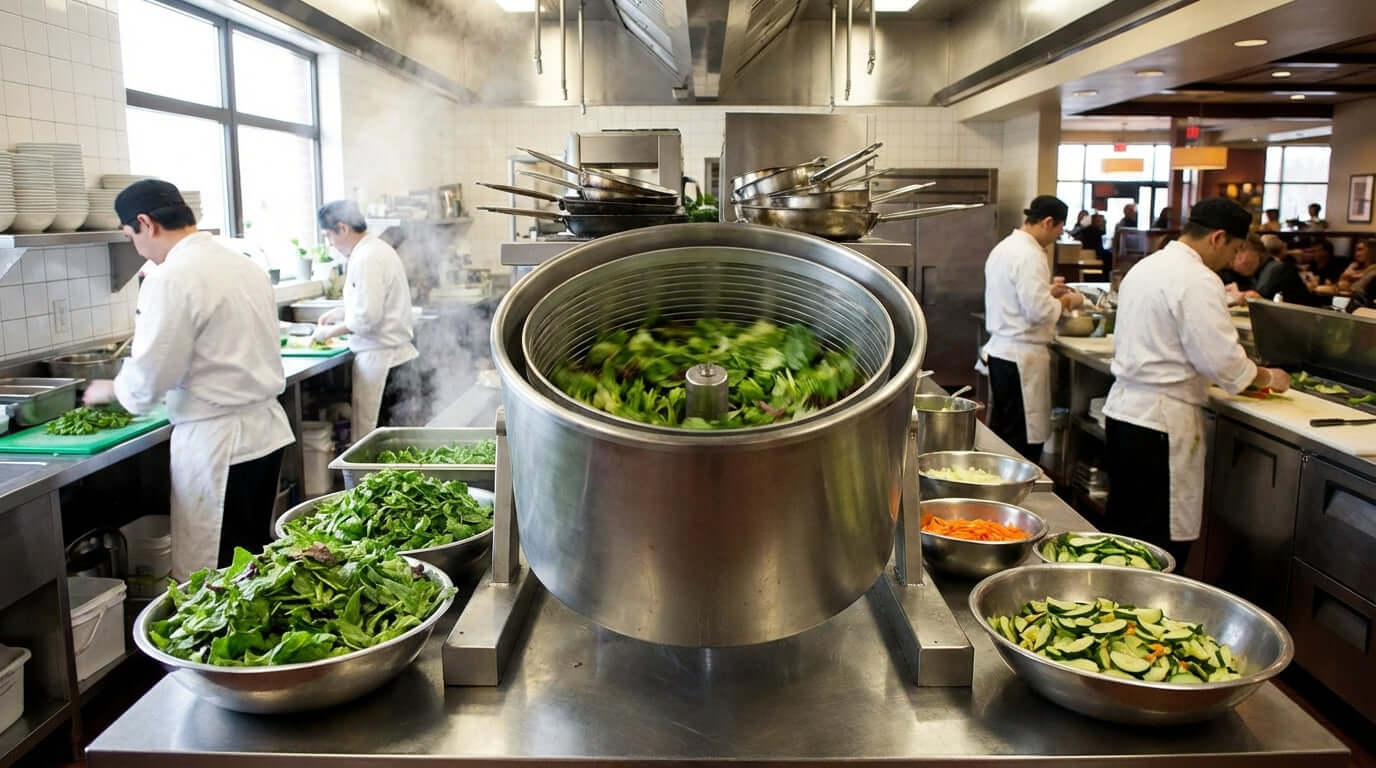 Commercial kitchen chefs prepping greens with large salad spinner, 5 Ways a Salad Spinner Increases Your Restaurants Profit Margin