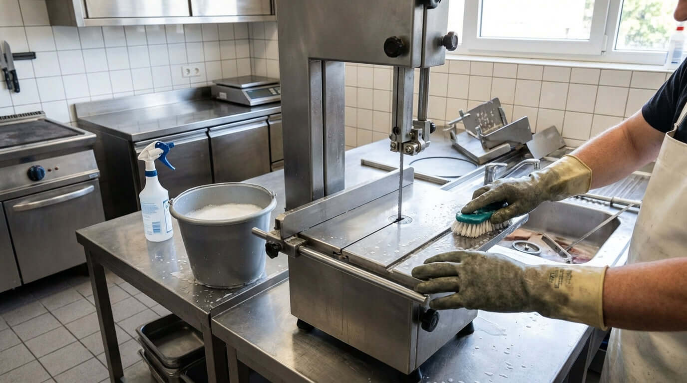 How to Properly Clean and Sanitize Your Butcher Band Saw for Optimal Food Safety with worker scrubbing band saw in commercial kitchen