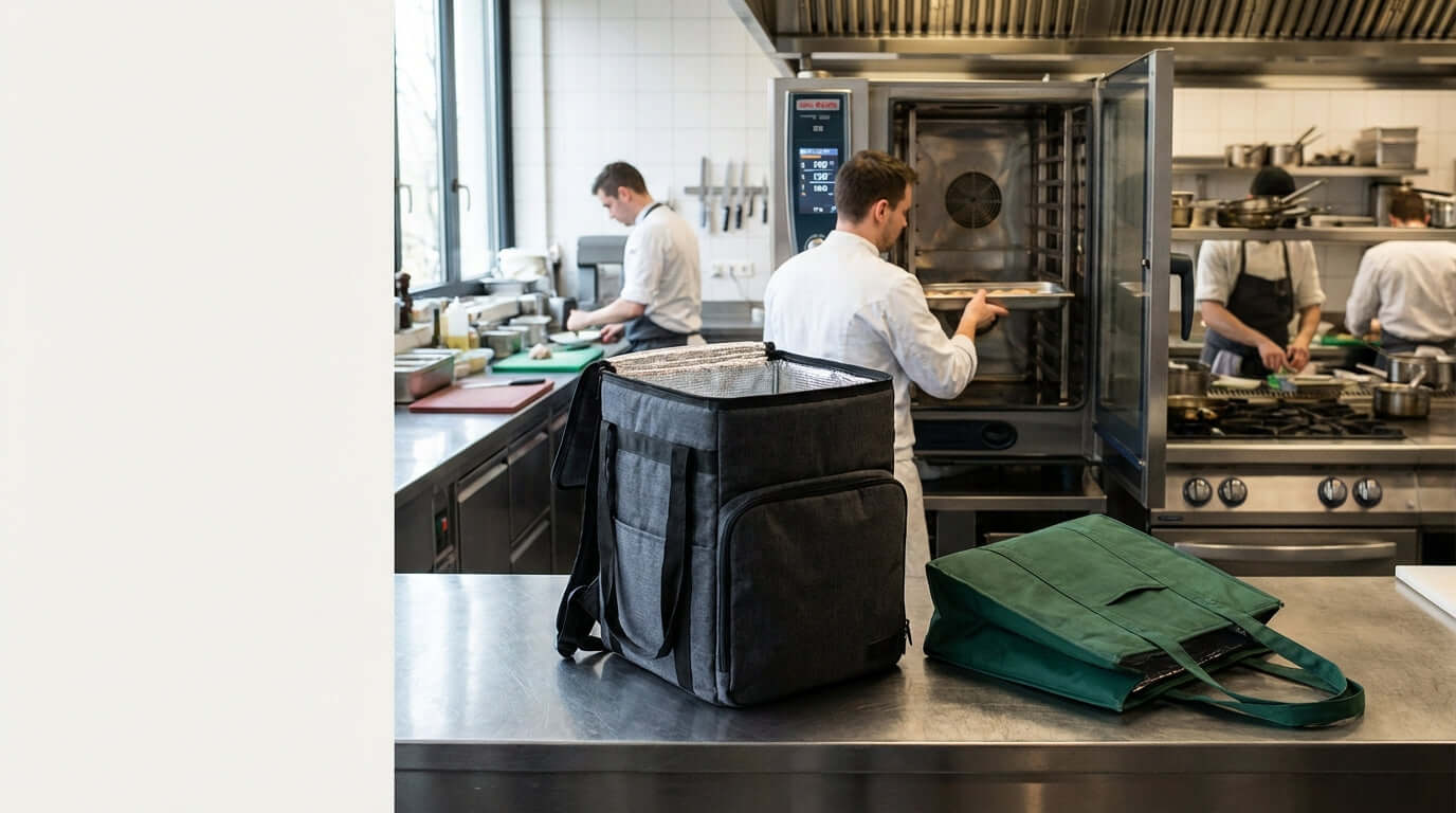Alt Tag: Kitchen staff prep orders with insulated delivery bags for fleets, comparing backpack and tote insulated bags for food delivery