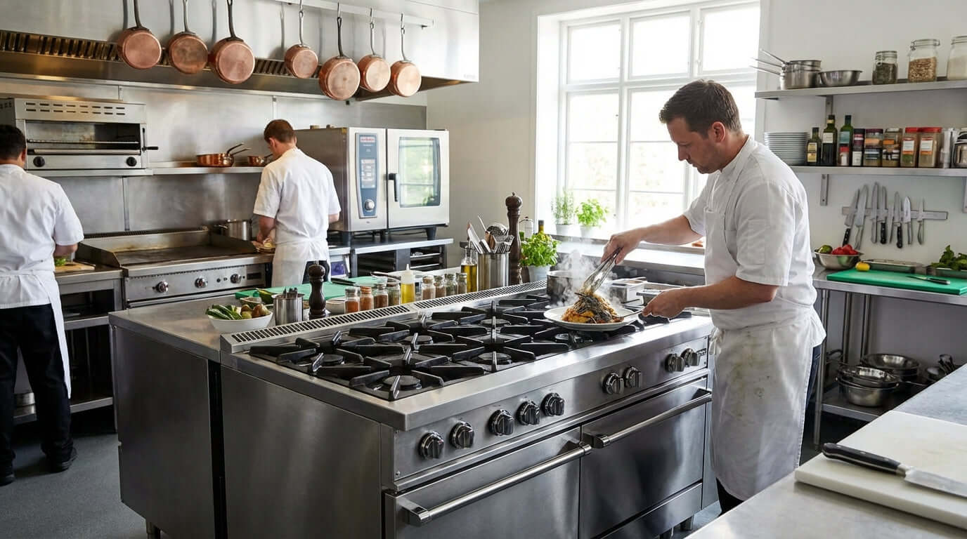 How Upgrading Your Commercial Range Can Elevate Your Menu with chefs cooking on a modern natural gas commercial range in a restaurant kitchen