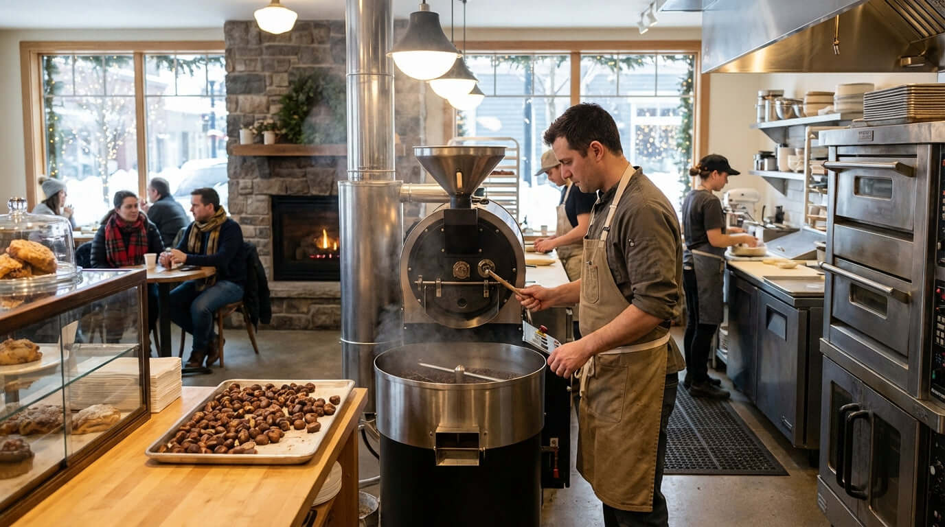 How a Commercial Chestnut Roaster Can Boost Your Winter Profits: barista roasting chestnuts in busy cafe with customers and fireplace