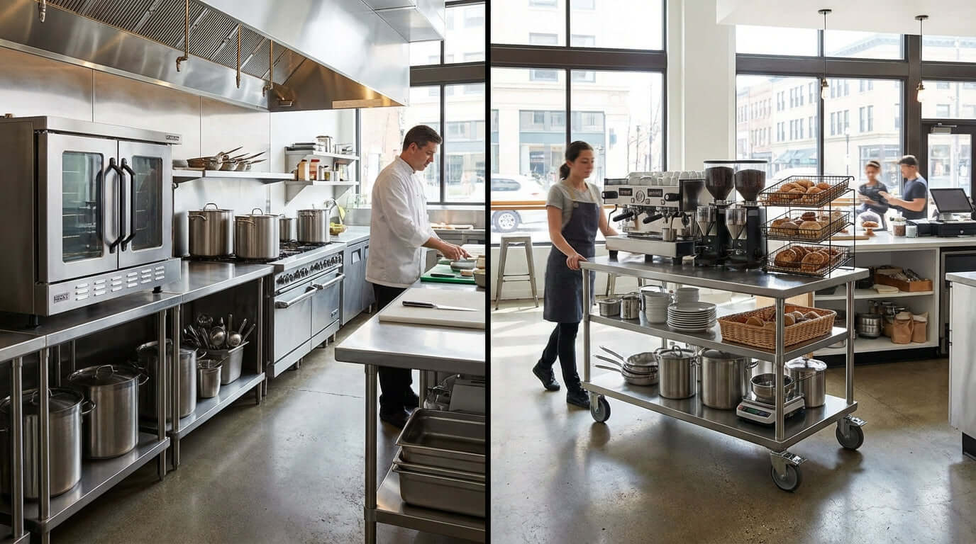 Mobile vs. Stationary: Which Equipment Stand is Right for Your Workflow? commercial kitchen staff using mobile stainless steel equipment stand cart