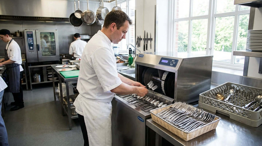 Tag alternatif : Guide d’achat : Comment choisir le bon polisseur commercial pour couverts pour votre entreprise - chef chargeant un polisseur à couverts dans une cuisine de restaurant animée