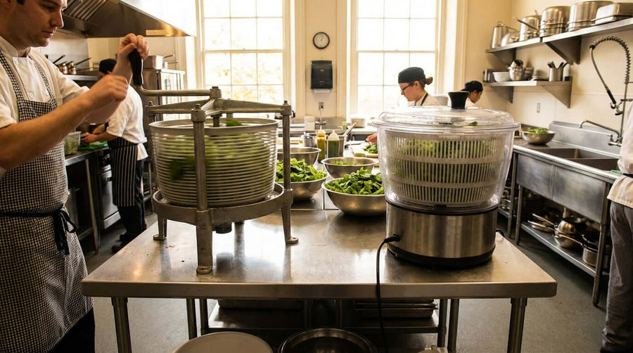 Alt Tag: Manual vs. Electric: Which Commercial Lettuce Spinner is Best for Your Business? manual vs electric spinners in busy restaurant kitchen