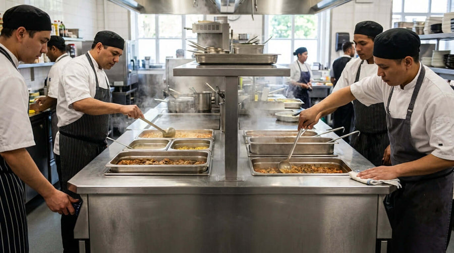 5 Pro Tips for Maximizing Efficiency with Your Steam Table in a commercial kitchen using an electric steam table with chefs serving hot food