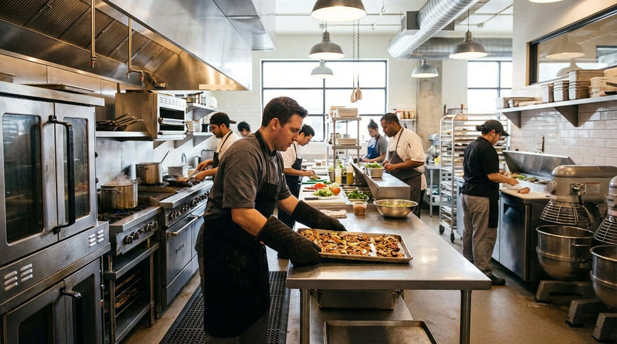 Beyond Burn Protection: How the Right Mitts Improve Kitchen Efficiency in busy commercial kitchen, chef using heat-resistant mitts while handling hot trays