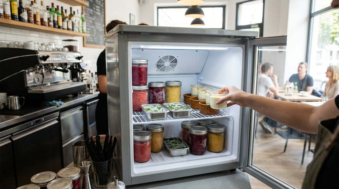 Beyond Ice Cream: 7 Creative Uses for a Countertop Freezer in Your Cafe or Bar with café countertop freezer storing jars, herbs, desserts