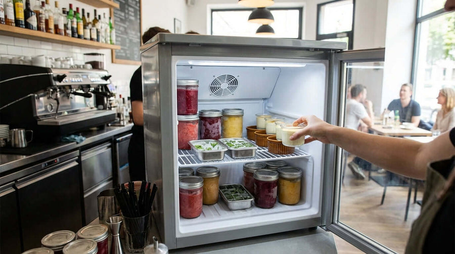 Beyond Ice Cream: 7 Creative Uses for a Countertop Freezer in Your Cafe or Bar with café countertop freezer storing jars, herbs, desserts