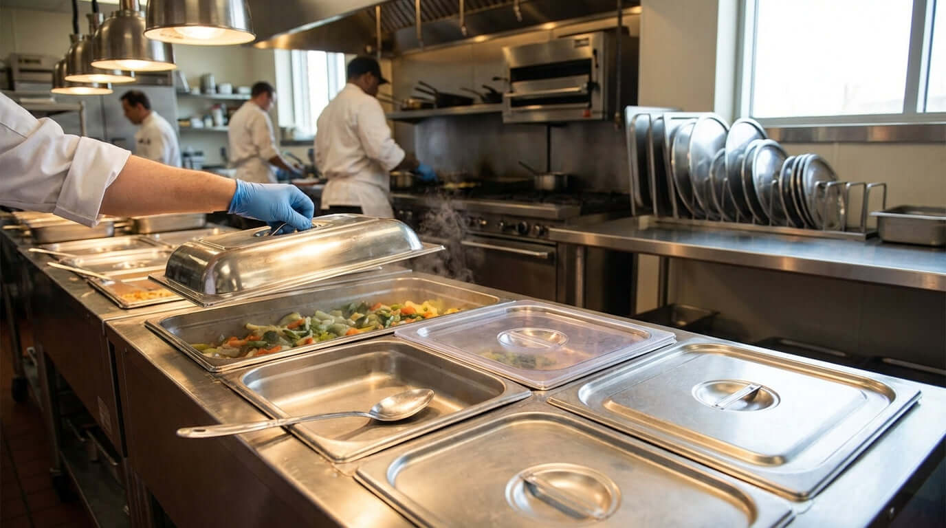 Choosing the Right Lids for Your Steam Table Pans in a commercial kitchen steam table line with stainless pan lids and covered food wells
