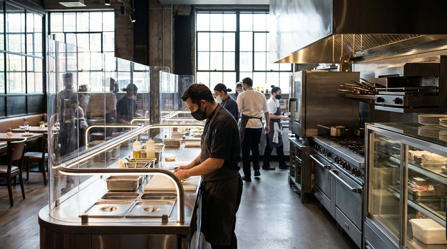 Alt Tag: The Future of In-Store Safety: Innovations in Barrier Technology in a restaurant kitchen with clear protective barrier at food prep station