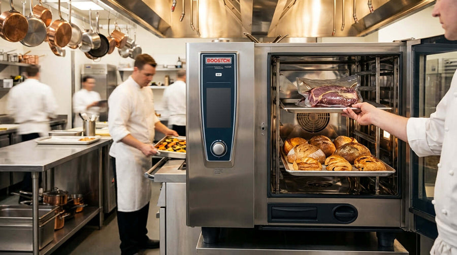 From Sous Vide to Baking: 7 Surprising Dishes to Master in a Combi Oven featuring chef loading bread and meat into a commercial combi oven