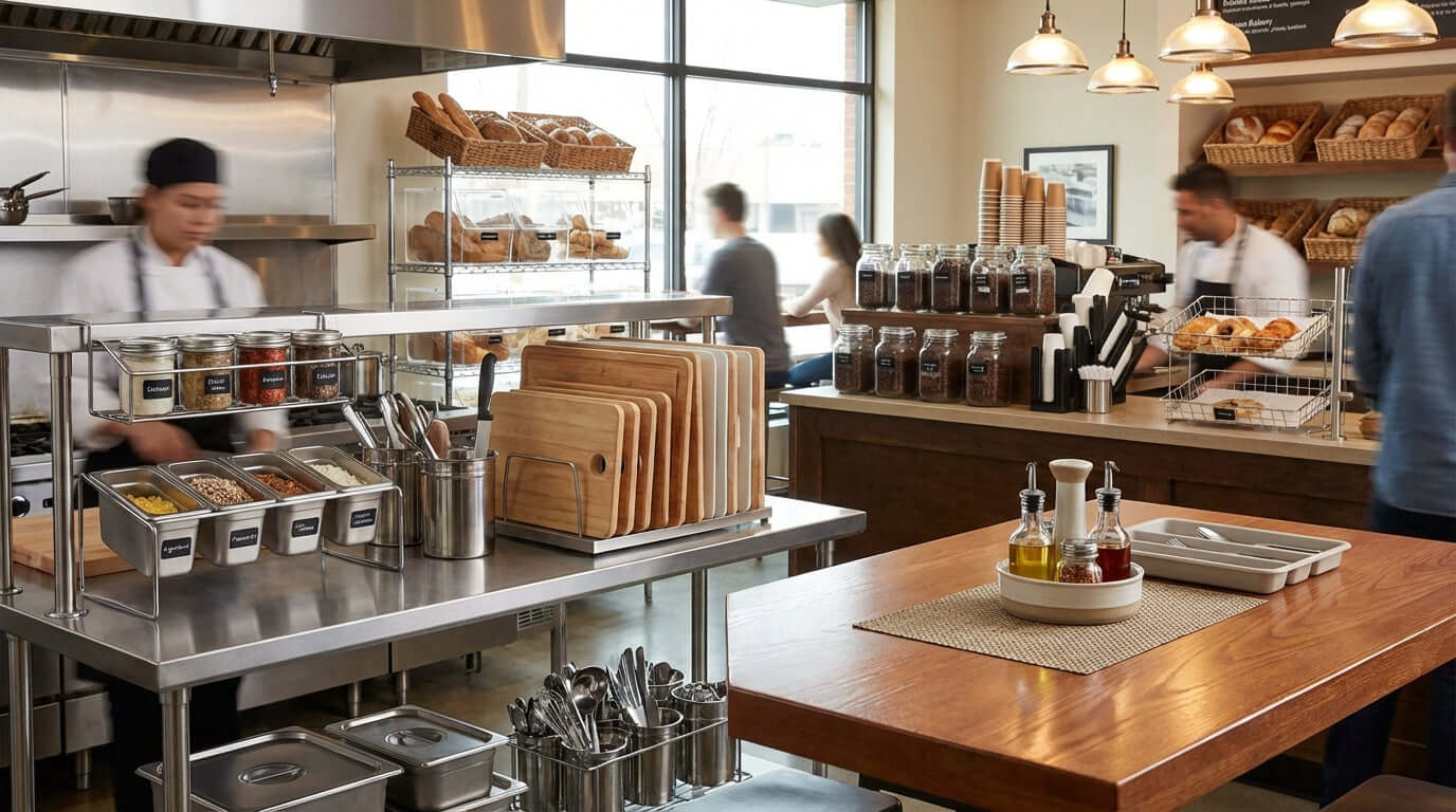 From Countertop to Table: Essential Organizers for Every Zone in Your Restaurant with countertop caddies, condiment jars, and service station storage