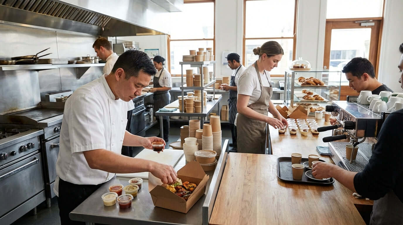 Alt Tag: Little Cups, Big Impact: 5 Ways to Elevate the Customer Takeout Experience in restaurant kitchen prepping takeout sauces