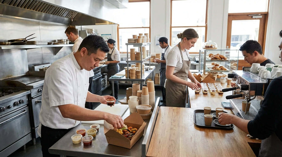 Alt Tag: Little Cups, Big Impact: 5 Ways to Elevate the Customer Takeout Experience in restaurant kitchen prepping takeout sauces