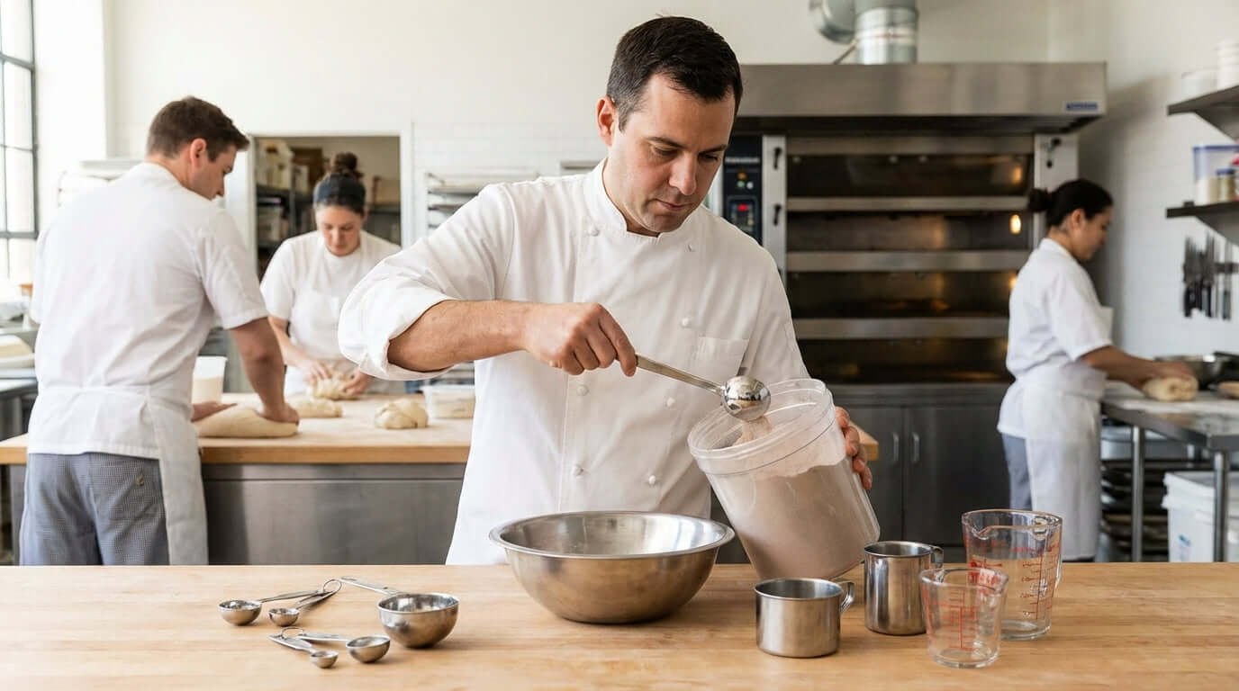 Beyond the Basics: Why Your Commercial Kitchen Needs Specialty Measuring Spoons - chef measuring ingredients with specialty measuring spoons