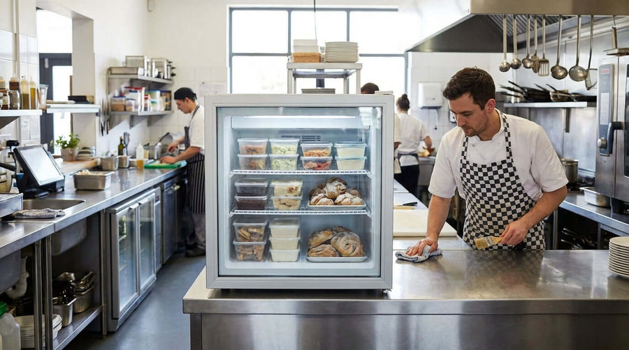 Keep it Cool: Essential Maintenance Tips for Your Countertop Freezer in a commercial kitchen with chef cleaning counter beside stocked countertop freezer