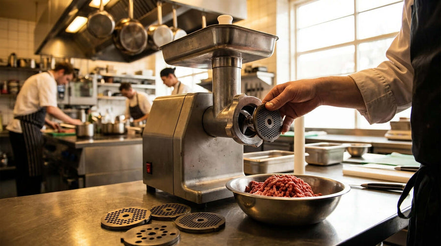 The Secret to a Better Grind: Matching Your Grinder Knife and Plate - chef fitting grinder plate and knife on meat grinder in commercial kitchen