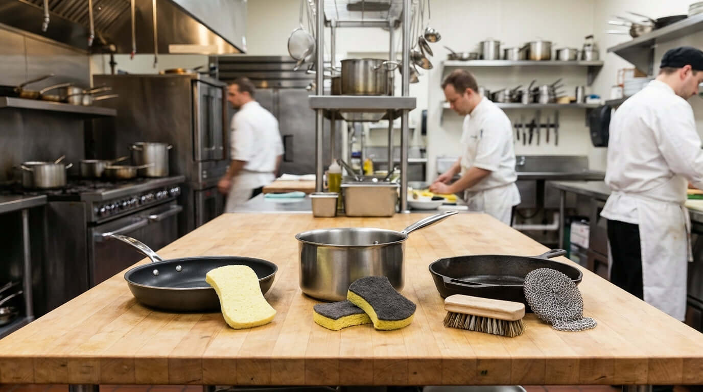 Are You Ruining Your Pans? The Essential Guide to Matching Sponges to Cookware - sponges and scrubbers beside pans on prep table in commercial kitchen