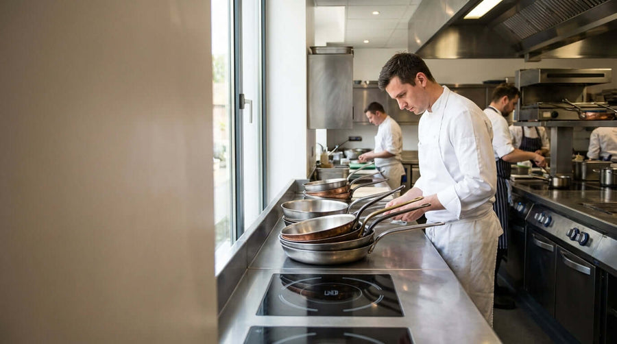 The Ultimate Buyers Guide to Selecting Pans for Your Restaurant chef organizing pans on stainless prep counter in professional restaurant kitchen