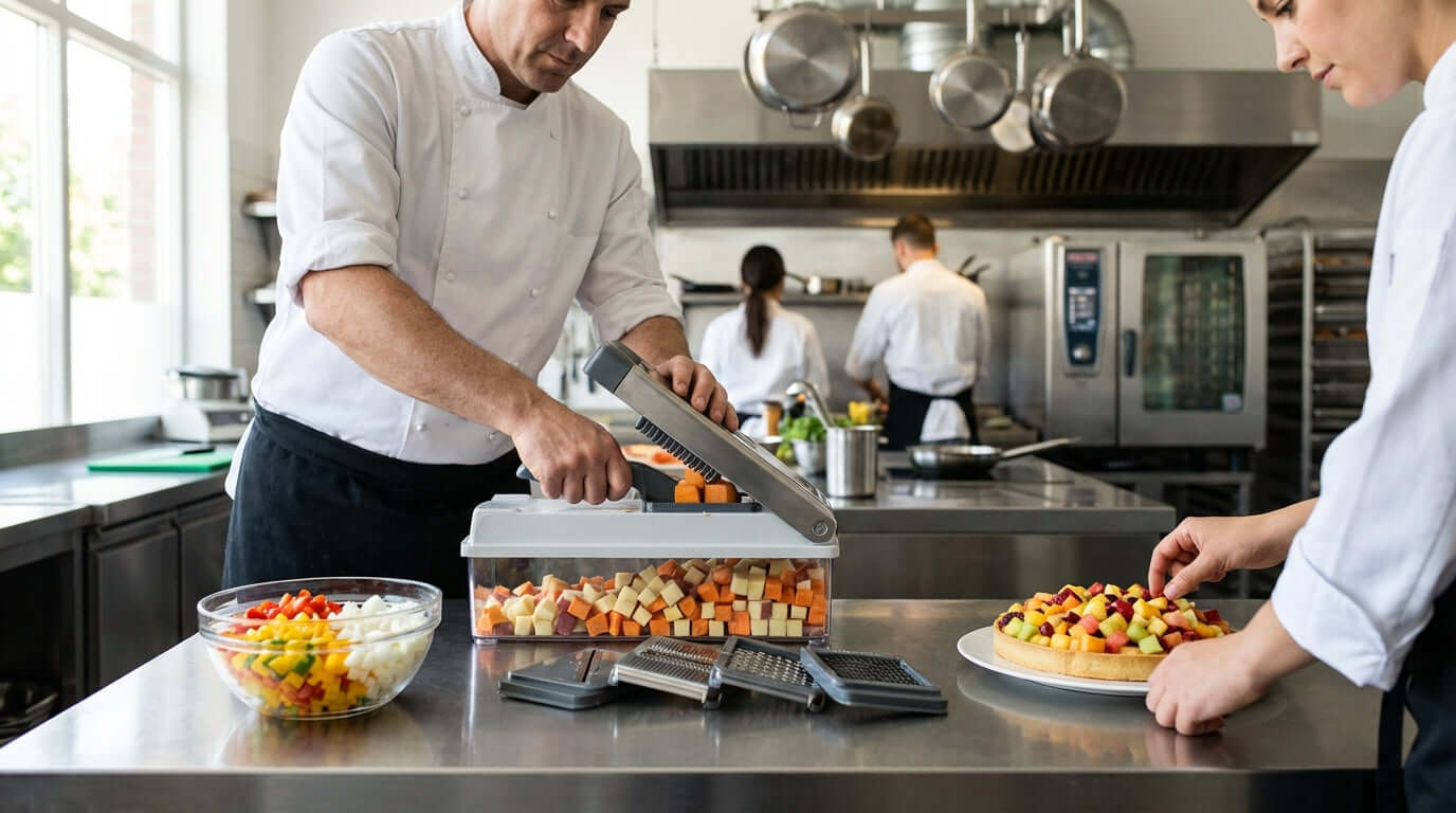 Beyond the Basics: 3 Creative Menu Items to Make with a Dicing Kit—chef using dicing kit in commercial kitchen prep station