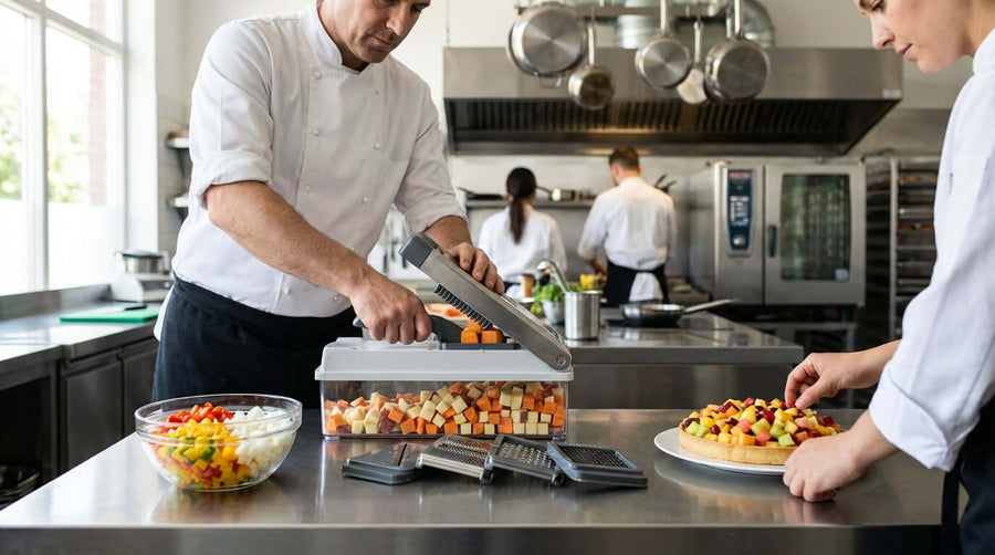 Beyond the Basics: 3 Creative Menu Items to Make with a Dicing Kit—chef using dicing kit in commercial kitchen prep station