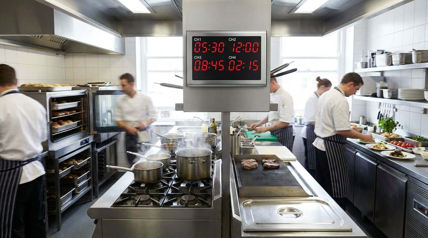 Alt Tag: 5 Ways a Multi-Channel Timer Can Revolutionize Your Kitchen Workflow shown on digital multi-channel timer in busy commercial kitchen line