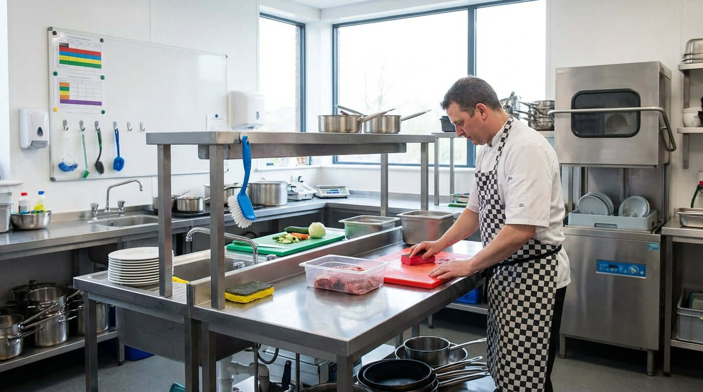 A Guide to Color-Coded Cleaning: Preventing Cross-Contamination with Sponges & Scours in commercial kitchen with chef using red cutting board