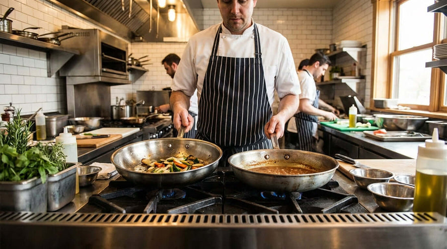 Material Matters: Choosing Between Stainless Steel & Aluminum Tapered Pans in a busy professional kitchen with chef cooking in two pans