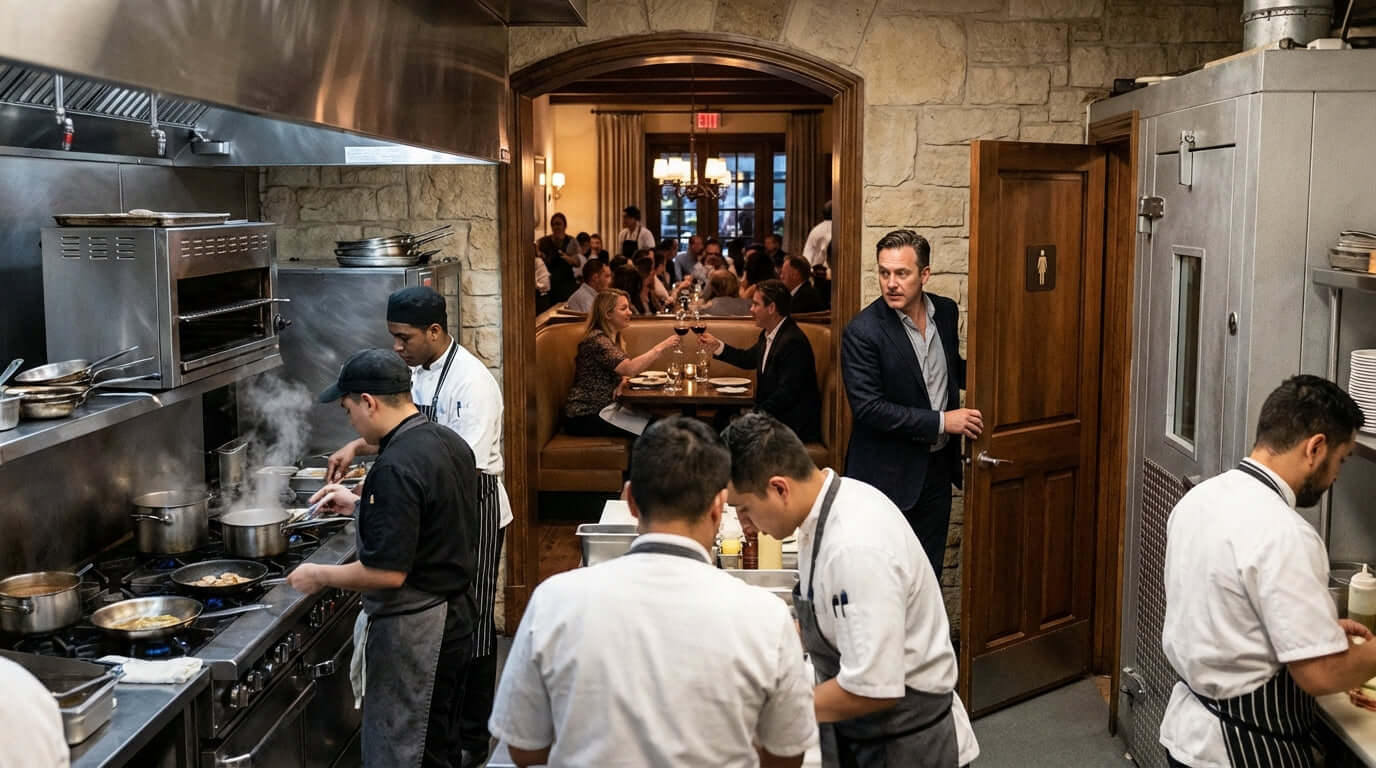 The Unspoken Brand Killer: How Restroom Odor Impacts Your Restaurants Reputation restaurant staff in busy kitchen near restroom door