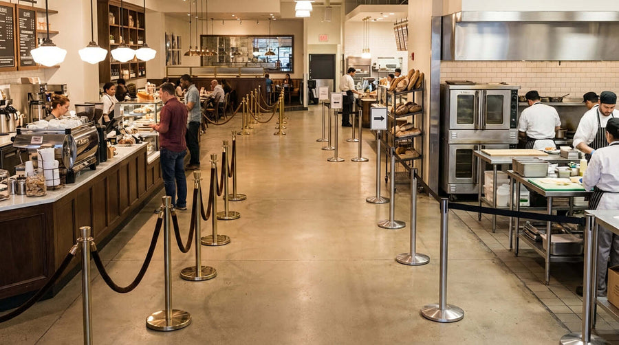Alt Tag: 5 Strategic Ways to Use Crowd Control Stanchions in Your Store in a busy cafe, guiding customer flow with rope stanchions