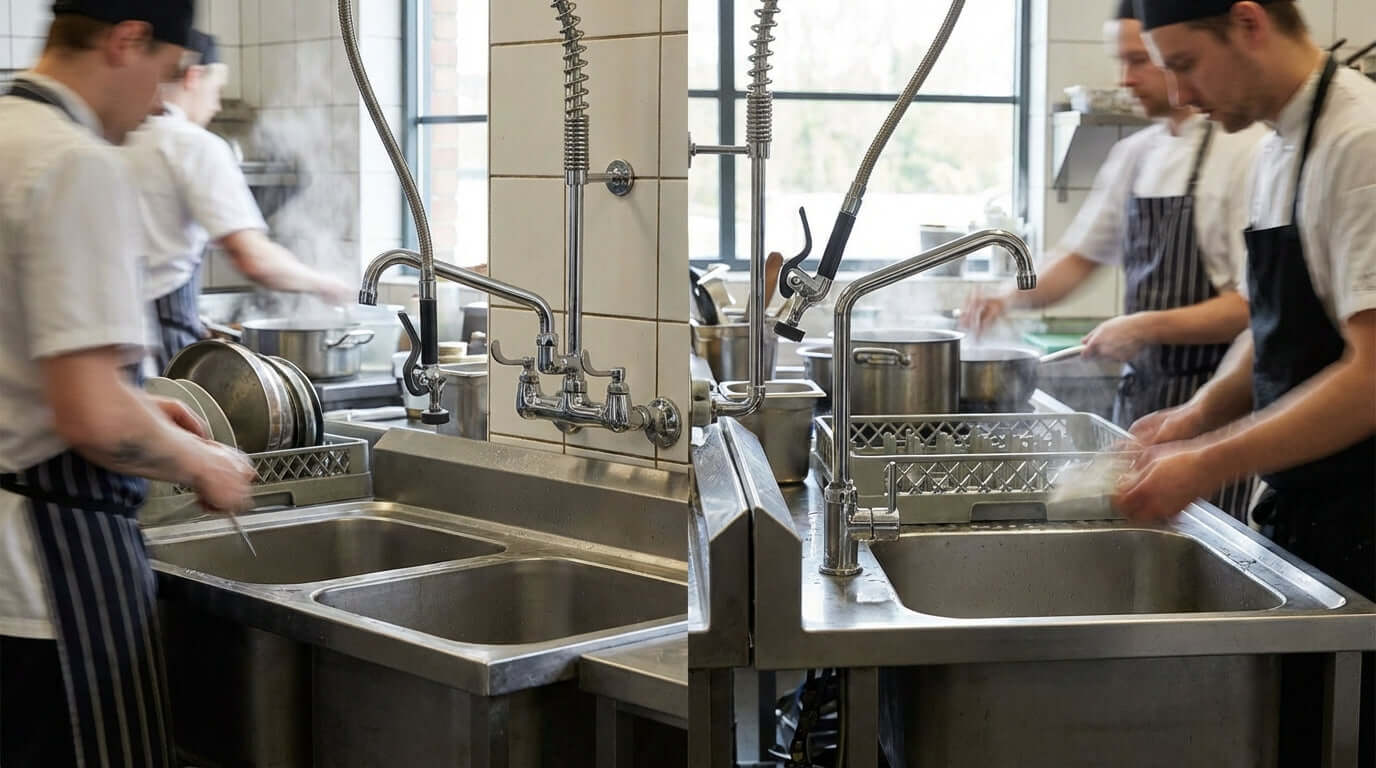 Wall-Mount vs. Deck-Mount: Which Pre-Rinse Faucet Installation is Right for Your Sink? commercial kitchen pre-rinse faucet at sink